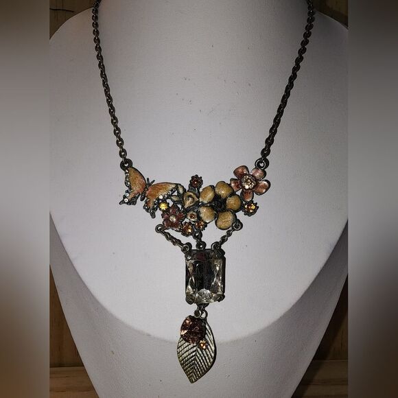 Floral Butterfly Necklace with Gold and Brown Accents 14"+2" - Picture 1 of 7